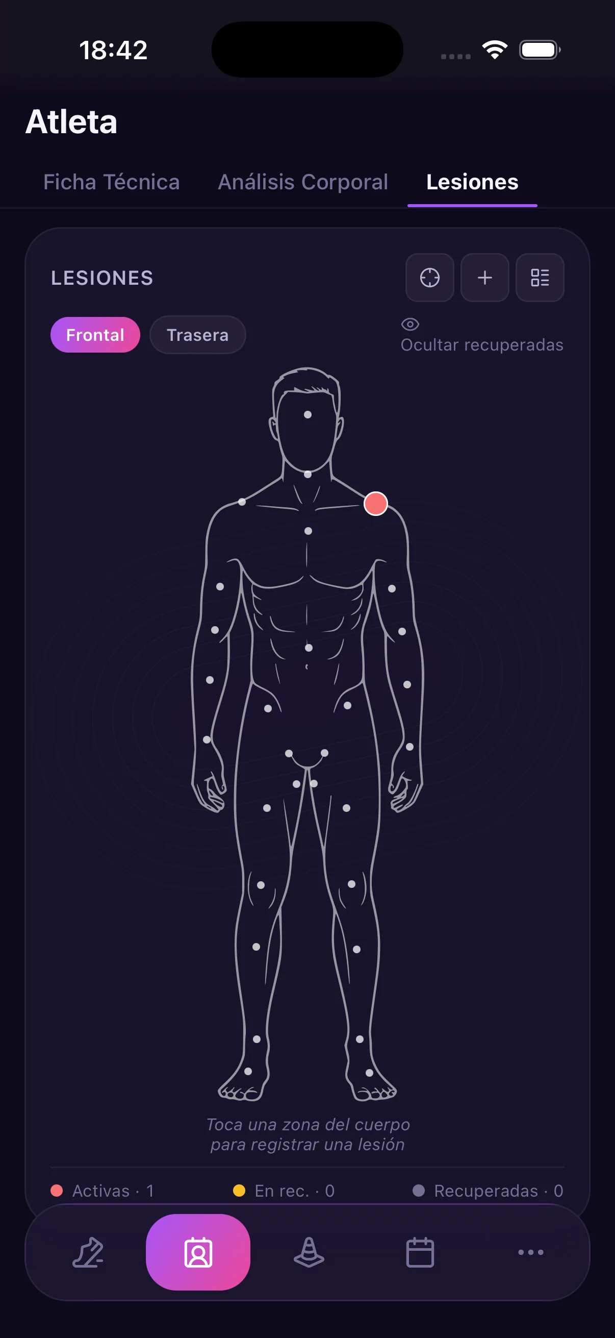 Pantalla de Atleta de AthleteApp: mapa corporal de lesiones y análisis