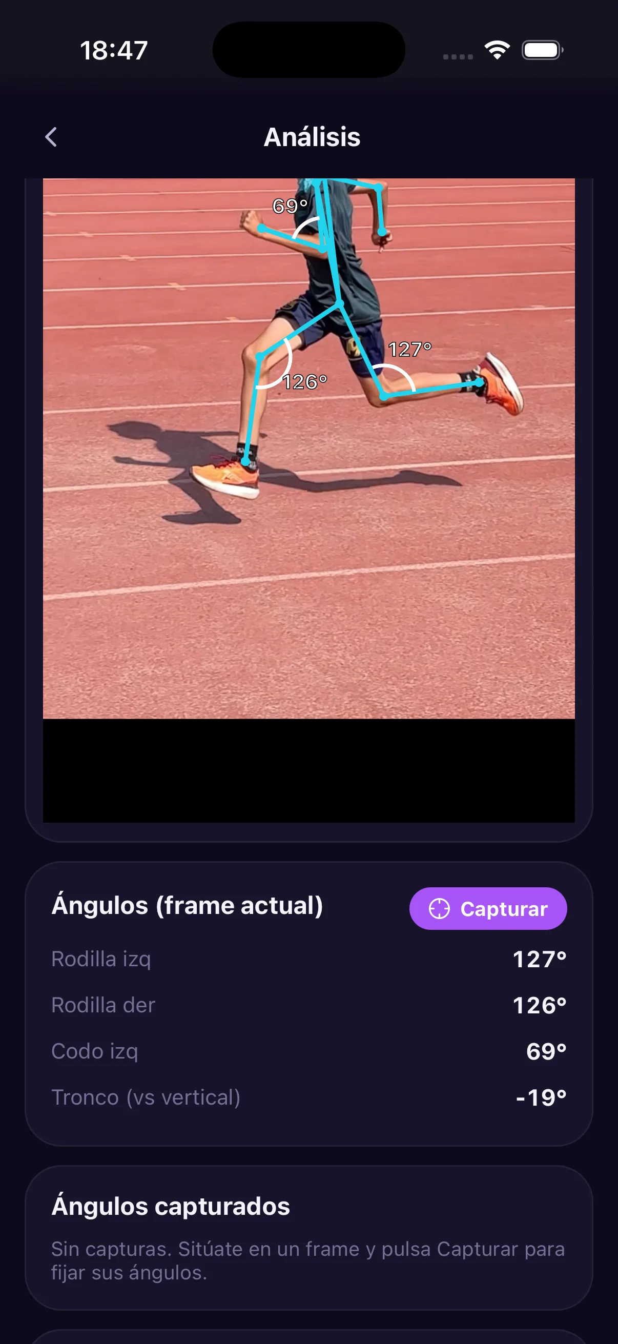 Pantalla de Entrenamiento de AthleteApp: análisis de biomecánica